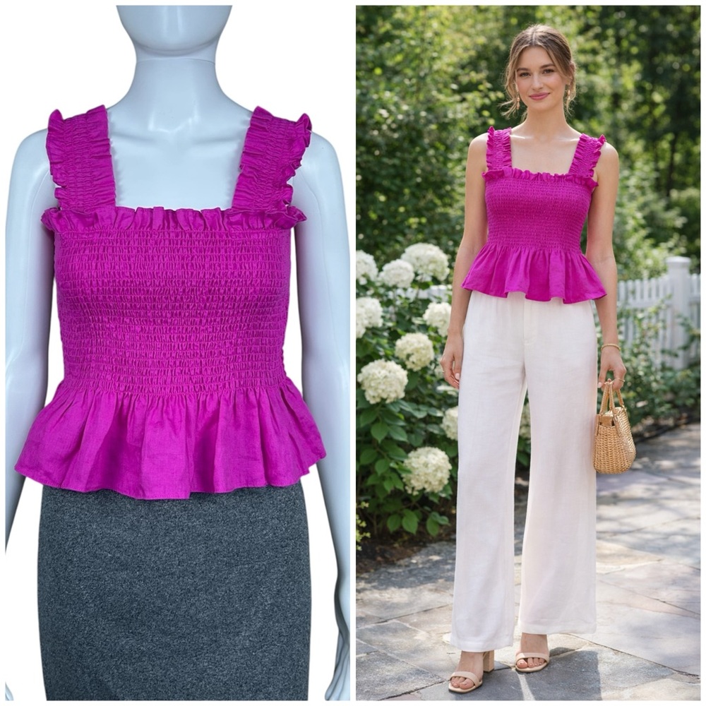 Hill House Home Smocked Linen Peplum Ruffle Strap Top Size S Fuchsia Pink